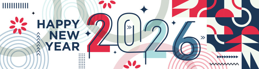 Happy New Year 2026 text design Modern Calligraphy Greetings on a Stylish background with geometric patterns, abstract pattern with lines, new year celebration design, colorful vector illustration