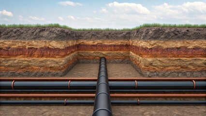 Cross-section of underground layers with multiple parallel pipelines running through different soil and rock strata under a cloudy sky.