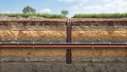 Cross-section of soil layers showing underground pipes running horizontally and vertically beneath grassy terrain under a clear sky.