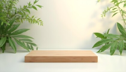 Wooden Display Platform with Green Leaves and Soft Light Studio Shot
