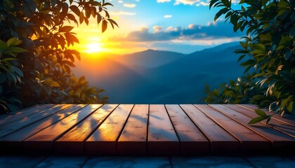 Wooden Product Display stage with Scenic Mountain Sunset View