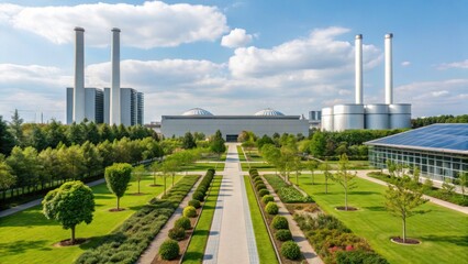 Modern industrial plant surrounded by green landscaping with trees, pathways, and solar panels under a partly cloudy sky.