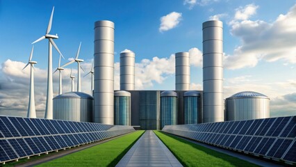 Fototapeta premium A modern renewable energy facility featuring solar panels, wind turbines, and futuristic industrial buildings under a blue sky with scattered clouds.