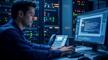 Focused IT professional analyzing data on a computer in a high-tech server room with glowing screens - Powered by Adobe