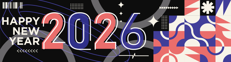 Happy New Year 2026 text design Modern Calligraphy Greetings on a Stylish background with geometric patterns, abstract pattern with lines, new year celebration design, colorful vector illustration