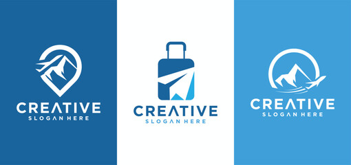 Travel holiday logo with airplane and bag concept, Travel agency logo around the world by airplane.
