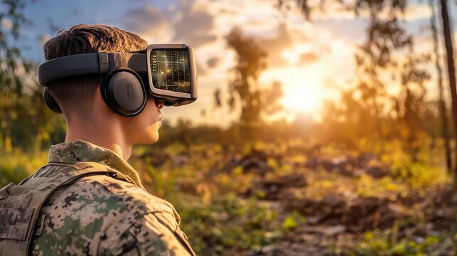 Soldier with Virtual Reality Headset Against Sunset in Nature - Powered by Adobe