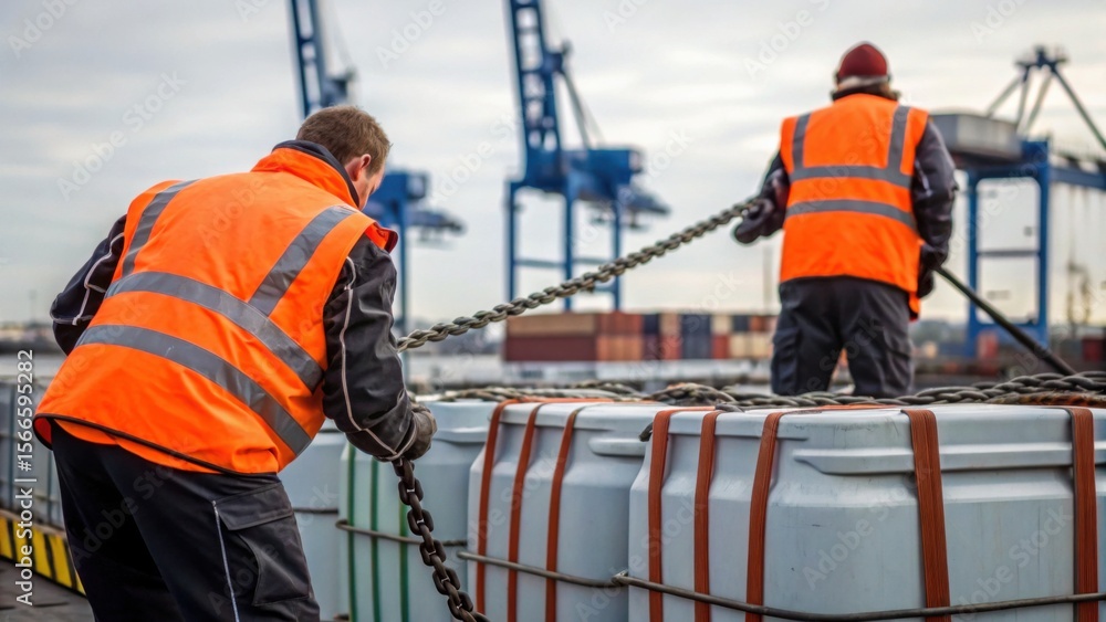 Poster two workers in orange safety vests handle heavy chains securing cargo at a shipping port with cranes