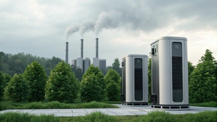 Modern air quality monitoring stations in a green forested area with a factory emitting smoke in the background, highlighting environmental pollution concerns.