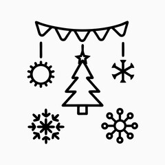 Christmas decorations line art, black and white, for winter holidays celebration