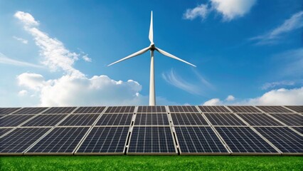 Solar panels and a wind turbine operate together under a bright blue sky, symbolizing clean renewable energy sources.