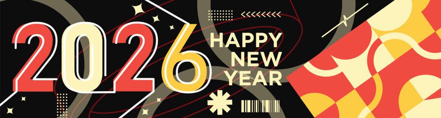 Happy New Year 2026 text design Modern Calligraphy Greetings on a Stylish background with geometric patterns, abstract pattern with lines, new year celebration design, colorful vector illustration