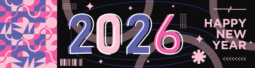 Happy New Year 2026 text design Modern Calligraphy Greetings on a Stylish background with geometric patterns, abstract pattern with lines, new year celebration design, colorful vector illustration