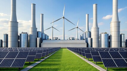 A modern industrial facility featuring solar panels and wind turbines, symbolizing renewable energy and sustainable technology.