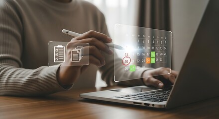 Focused hands hover over laptop sleek pen poised above luminous calendar shades of productive calm fill the modern