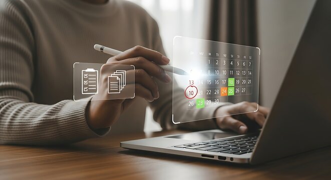 Focused hands hover over laptop sleek pen poised above luminous calendar shades of productive calm fill the modern