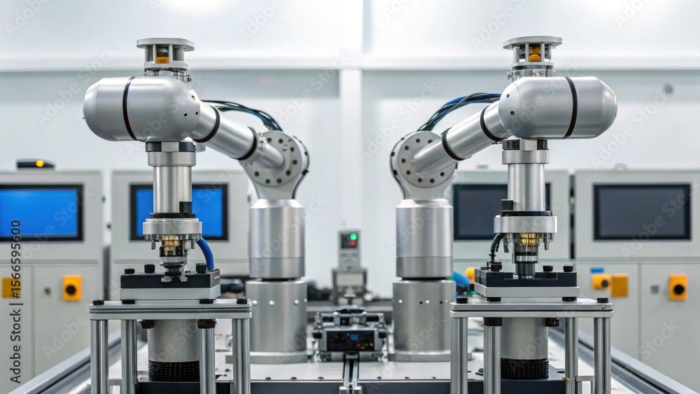 Poster two robotic arms operating with precision in a clean, modern industrial automation setup.