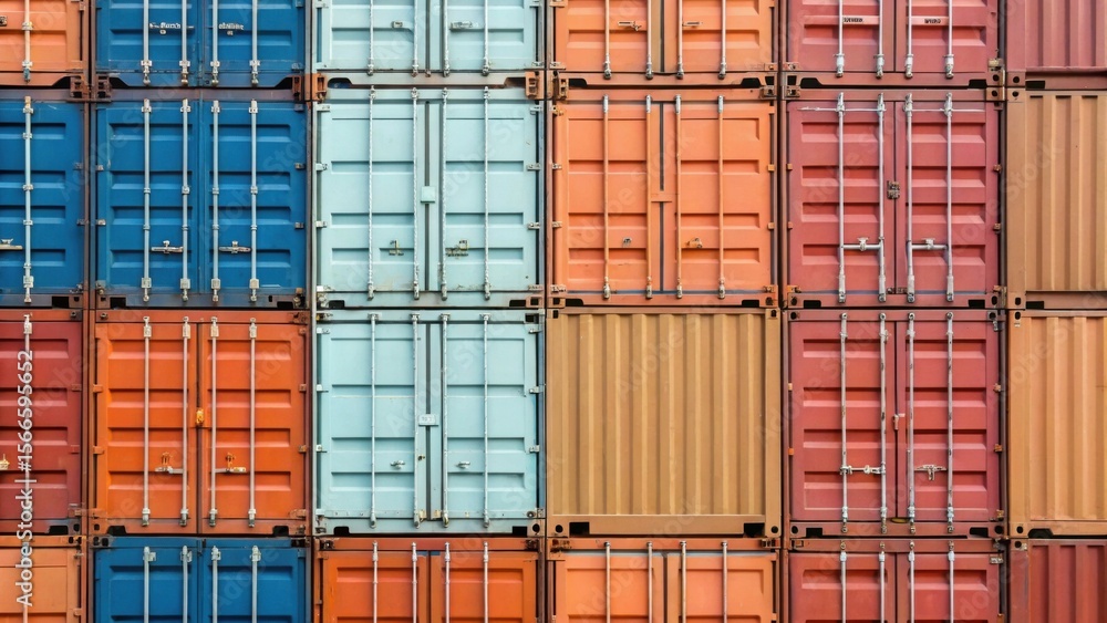 Poster stacked shipping containers in various colors form a vibrant, orderly grid pattern, reflecting indus