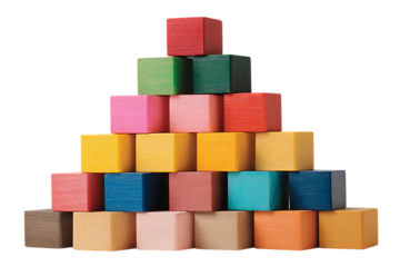 Vibrant photo of colorful wooden building blocks stacked in a pyramid shape isolated on transparent background.
