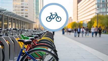 A colorful row of bicycles parked at a city bike-sharing station with pedestrians walking along an urban street in the background.