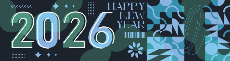 Happy New Year 2026 text design Modern Calligraphy Greetings on a Stylish background with geometric patterns, abstract pattern with lines, new year celebration design, colorful vector illustration