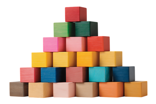Vibrant photo of colorful wooden building blocks stacked in a pyramid shape isolated on transparent background.