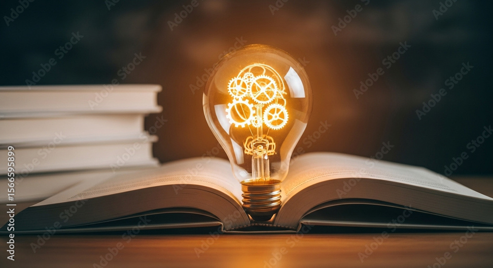 Aufkleber illuminated light bulb with gears on open book next to stack of books on a wooden surface