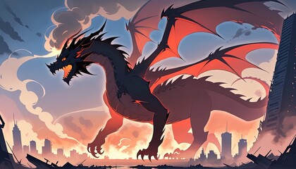 A colossal dragon looms over a devastated cityscape.