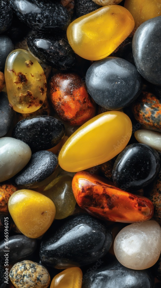 Poster multicolored smooth pebbles and amber stones create a visually striking pattern. rich hues of yellow