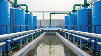 Industrial water treatment facility with blue cylindrical tanks, green piping, and a central water channel.