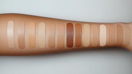 Foundation swatches on arm for makeup artistry, demonstrating skin tones and product shades for beauty, cosmetics, and inclusive representation, tones for beauty