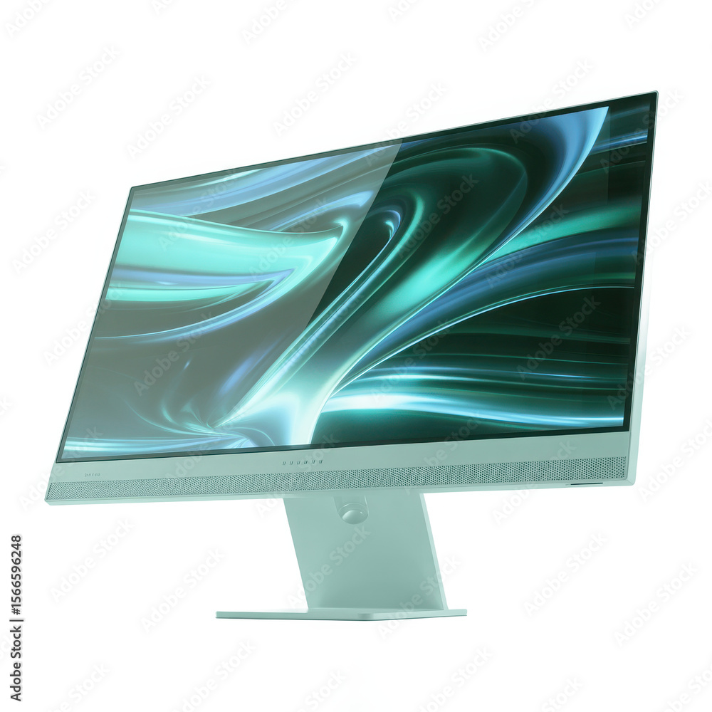Poster modern sleek all in one computer with a vibrant abstract display on a clean light background isolate