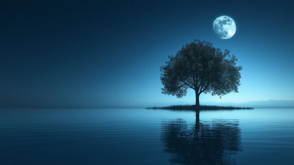 Moonlit Serenity: Tranquil Landscape with Bare Tree, Reflecting Moon, and Calm Waters in a Soft...