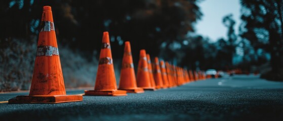 Orange traffic cones marking road work