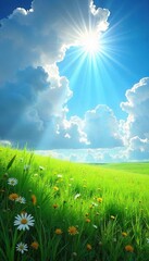 Fototapeta premium Sunlit Meadow with Dappled Shadows Bright Summer Day, Cheerful Nature Scene