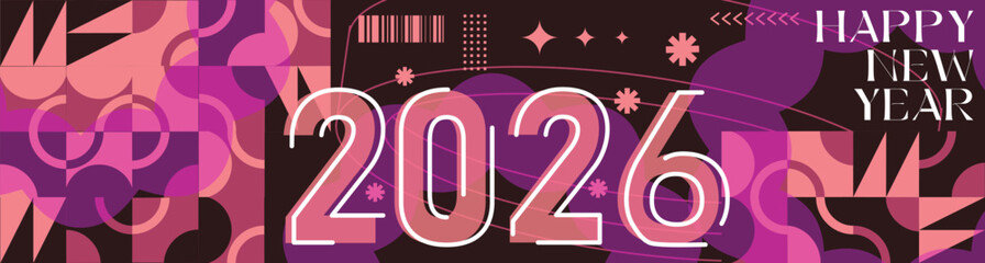 Happy New Year 2026 text design Modern Calligraphy Greetings on a Stylish background with geometric patterns, abstract pattern with lines, new year celebration design, colorful vector illustration