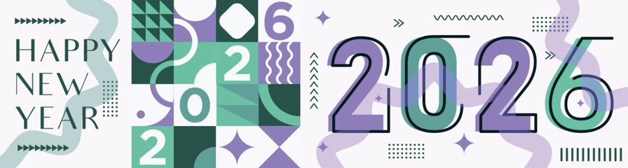Happy New Year 2026 text design Modern Calligraphy Greetings on a Stylish background with geometric patterns, abstract pattern with lines, new year celebration design, colorful vector illustration