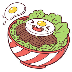Happy Kawaii Style Ramen Bowl with Meat and Egg