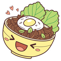 Cute Kawaii Noodle Bowl with Egg and Lettuce Leaves