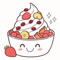 Cute Smiling Frozen Yogurt Bowl with Colorful Fruits Topping