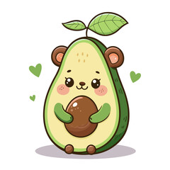 Cute Avocado Bear Character Hugging Seed with Kawaii Face