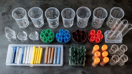 Variety of clear measuring cups, test tubes and colorful caps showcases chemistry lab equipment on a textured background for science and education.