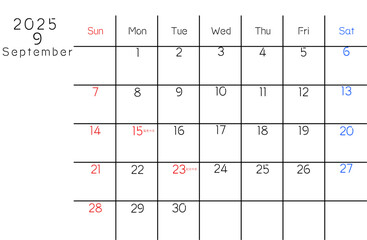 9月カレンダー　英語版