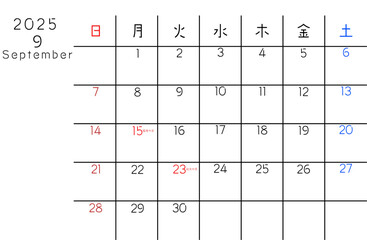 9月カレンダー　日本語版