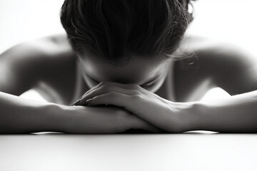The pose conveys deep sadness or resignation. A person with their shoulders slumped forward, head bowed, and hands clasped loosely in front of them. 