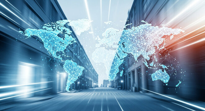 Digital world map overlay on a blurred city street with motion lines and building facades view - Powered by Adobe