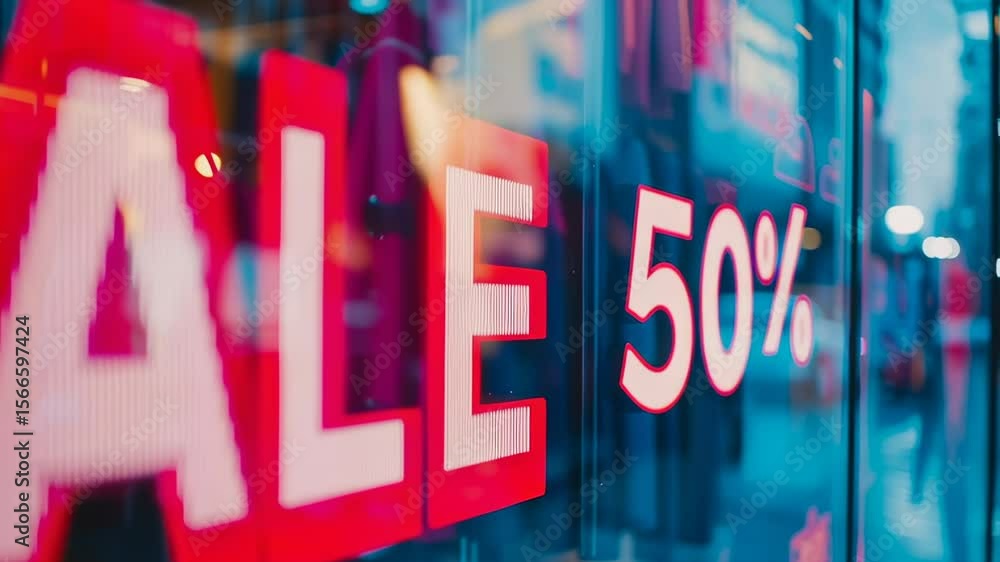 Poster a store window with a large red sign that says 