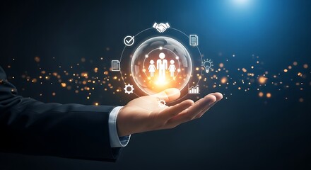 Glimmering sphere of team harmony held aloft a beacon of unity and progress in the palm of leadership amidst soft