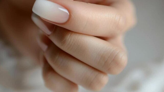 A woman's hand with long, white nails. The nails are painted in a light color and have a slightly darker shade at the tips. Scene is elegant and sophisticated