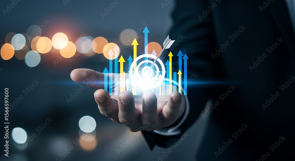 Poster luminous digital graph ascending from a cupped hand radiating blue glow and focus under soft bokeh w